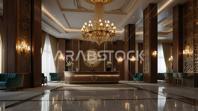 الديكور الراقي على الطراز الحديث, ردهة و مدخل استقبال بتصميم فاخر في إحدى الفنادق, الديكورات الداخلية و التصاميم الراقية للمنتجعات الفاخرة في المملكة العربية السعودية. الإنارة و الأضواء المتميزة