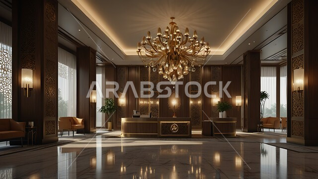 الديكورات الداخلية و التصاميم الراقية للمنتجعات الفاخرة في المملكة العربية السعودية، الإنارة و الأضواء المتميزة, الديكور الراقي على الطراز الحديث, ردهة و مدخل استقبال بتصميم فاخر في إحدى الفنادق