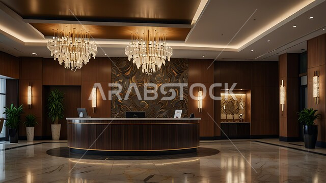 ردهة و مدخل استقبال بتصميم فاخر في إحدى الفنادق، الديكورات الداخلية و التصاميم الراقية للمنتجعات الفاخرة في المملكة العربية السعودية، الإنارة و الأضواء المتميزة, الديكور الراقي على الطراز الحديث