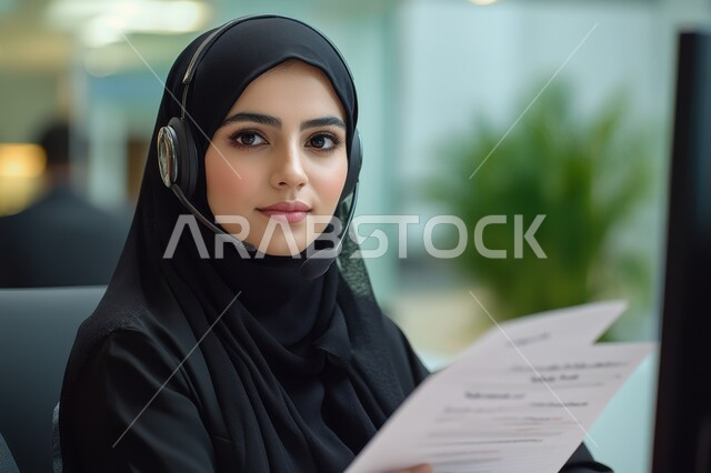  التوظيف في مجال خدمة العملاء والرد على الاسئلة والاستفسارات، الجلوس وراء المكتب وتنفيذ الأعمال على جهاز الحاسوب, شابة عربية خليجية سعودية محجبة ترتدي عباءة سوداء وتنظر للكاميرا بإيماءات السرور, مهن ووظائف نسائية سعودية, تمكين عمل المرأة في المجتمع السعودي