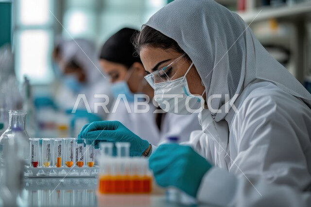 استخدام الأنابيب الزجاجية المعقمة لتحليل العينات المختلفة، معمل الصناعات الدوائية، مختبرات الفحوصات الطبية والتحاليل الكيمائية، صورة مقربة لمخبرية محجبة ترتدي القفازات والمعطف الطبي، إجراء تجارب وبحوث علمية عبر التكنولوجيا الحيوية