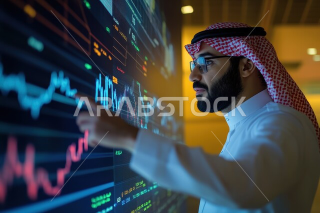 سوق البورصة العالمي، تداول العملة الرقمية، دمج التكنولوجيا المتطورة مع العمل، مراقبة الرسوم البيانيه الهولوجراميه على الشاشات الالكترونيه المضيئه، صورة مقربة لرجل أعمال عربي خليجي سعودي يرتدي الثوب التقليدي والشماغ يقوم بمراقبة ارتفاع وانخفاض الأسهم