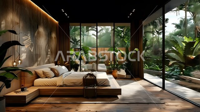 High-end interior home accessories, using elegant artistic style in home furniture, modern bedroom decorations, distinctive interior designs for villas and residential apartments in the Kingdom of Saudi Arabia, comfortable bed in calm colors