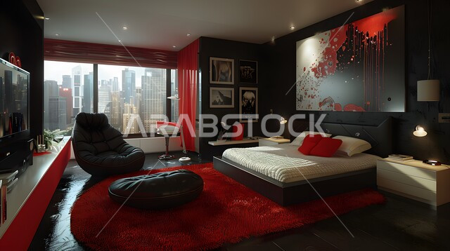 High-end interior home accessories, using elegant artistic style in home furniture, modern bedroom decorations, distinctive interior designs for villas and residential apartments in the Kingdom of Saudi Arabia, comfortable bed in calm colors