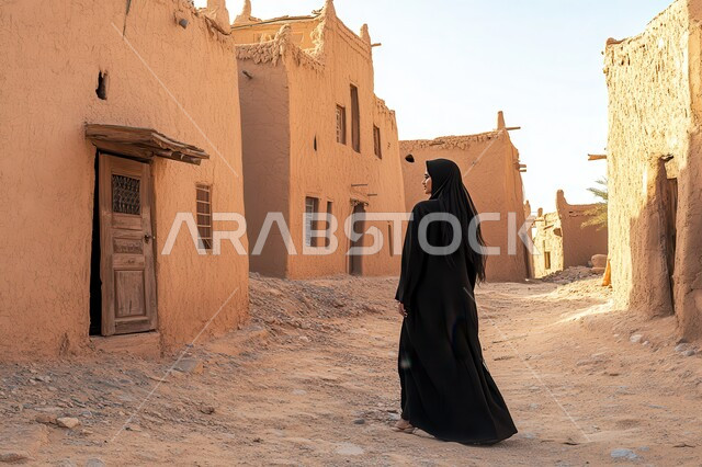 القرى والمدن الأثرية في المملكة العربية السعودية، صورة من الخلف لإمرأة عربية سعودية خليجية محجبة ترتدي عباءة سوداء تمشي في حي قديم، الهندسة الفنية المعمارية على الطراز التقليدي، المنازل التاريخية المصنوعة من الطين
