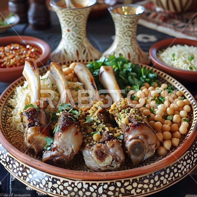 سيقان لحم الضان المغربية مع الحمص والأرز المزين بالبقدونس، وصفات وأطباق طعام لذيذة صحية، أكلات شعبية عربية خليجية سعودية، فنون تقديم الطعام في مطاعم المملكة العربية السعودية، المأكولات التقليدية الشرقية