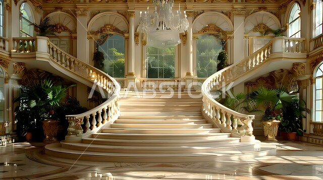 التصميم الحديث لسلم من الرخام داخل فندق فاخر، الديكورات الداخلية باللون الرمادي الفخم، فلل سكنية بتصاميم عصرية، مفهوم الفن المعماري الهندسي في السعودية، اكسسوارات وتحف وأثاث منزلي راقي