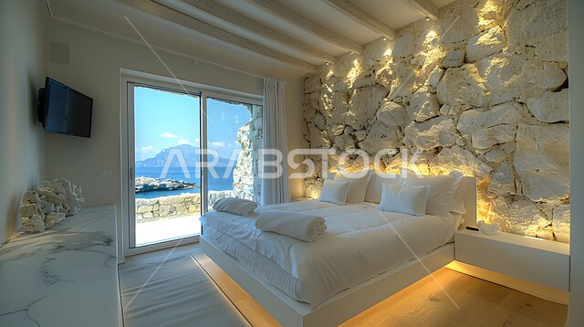 High-end interior home accessories, using elegant artistic style in home furniture, modern bedroom decorations, distinctive interior designs for villas and residential apartments in the Kingdom of Saudi Arabia, comfortable bed in calm colors