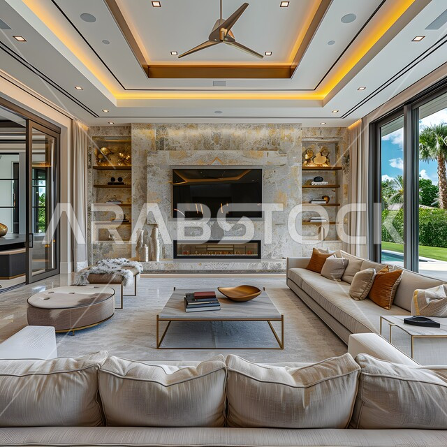 الديكورات الداخلية الراقية للفلل والشقق السكنية في المملكة العربية السعودية، اكسسوارات وتحف عصرية، التصاميم الأنيقة لغرف الجلوس المريحة على الطراز الحديث، غرفة معيشة مع أثاث منزلي فاخر بالألوان الراقية