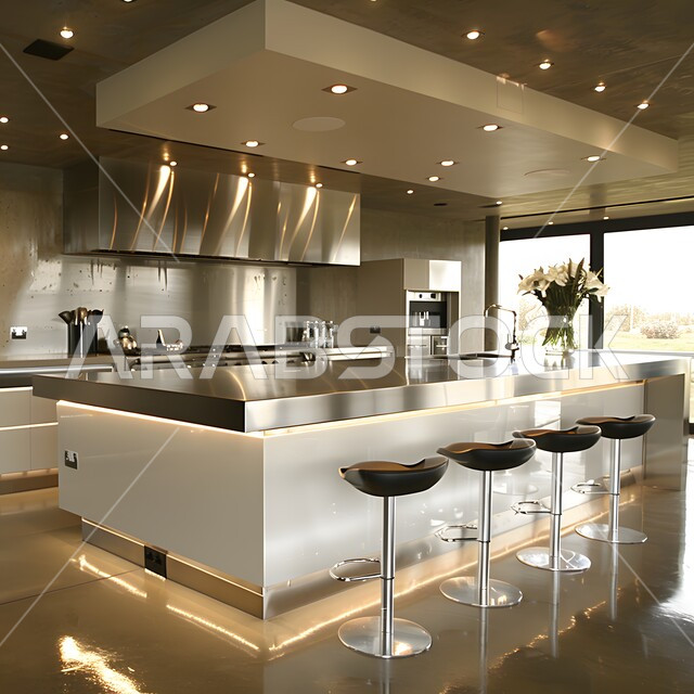 فنون الهندسة المعمارية المتميزة الحديثة, استخدام الطراز الفني العصري في الأثاث المنزلي ,مطبخ بديكورات داخلية فاخرة، شقق وفلل سكنية في السعودية