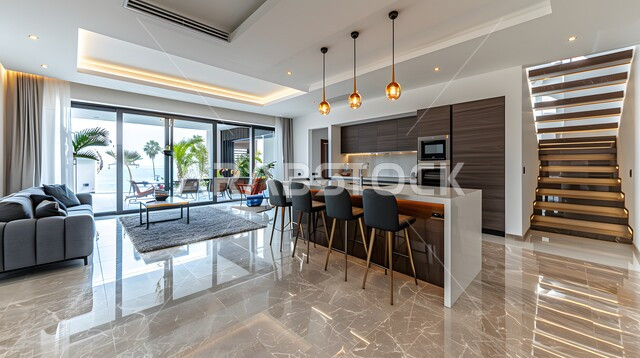 فنون الهندسة المعمارية المتميزة الحديثة, استخدام الطراز الفني العصري في الأثاث المنزلي ,مطبخ بديكورات داخلية فاخرة، شقق وفلل سكنية في السعودية