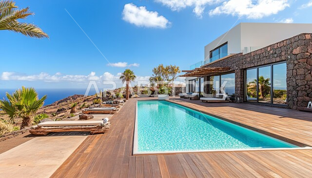 The concept of recreation and tranquility, chalets, hotels and luxury tourist resorts in the Kingdom of Saudi Arabia, modern architectural art, the blue swimming pool in the resort, exterior decorations and distinctive modern designs, places of rest, relaxation and entertainment