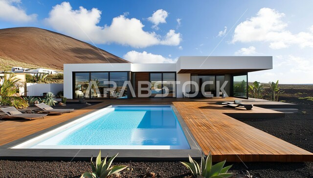 الشاليهات والفنادق والمنتجعات السياحية الفاخرة في المملكة العربية السعودية، الفن الهندسي المعماري على الطراز الحديث، حوض السباحة الأزرق في المنتجع، الديكورات الخارجية والتصاميم العصرية المتميزة, أماكن الراحة والاسترخاء والترفيه, مفهوم الاستجمام والهدوء