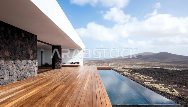 Luxury chalets, hotels and resorts in Saudi Arabia, modern architectural style, blue swimming pool in the resort, exterior decorations and distinctive modern designs, places of rest, relaxation and entertainment, the concept of recreation and tranquility