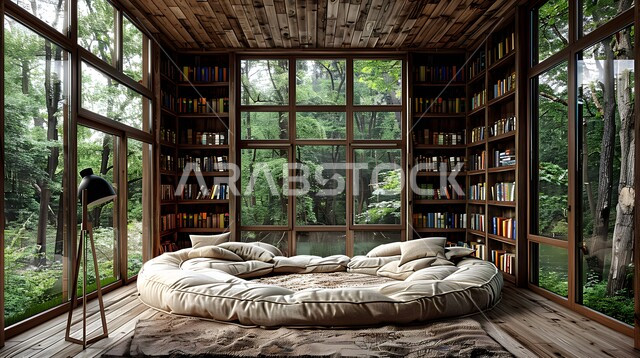 أماكن هادئة للمطالعة والقراءة, تصاميم عصرية حديثة للمكتبات في السعودية، الديكور الداخلي لصالة جلوس بأثاث أنيق ومريح، رفوف خشبية ممتلئة بالكتب والقصص والمجلدات المرتبة