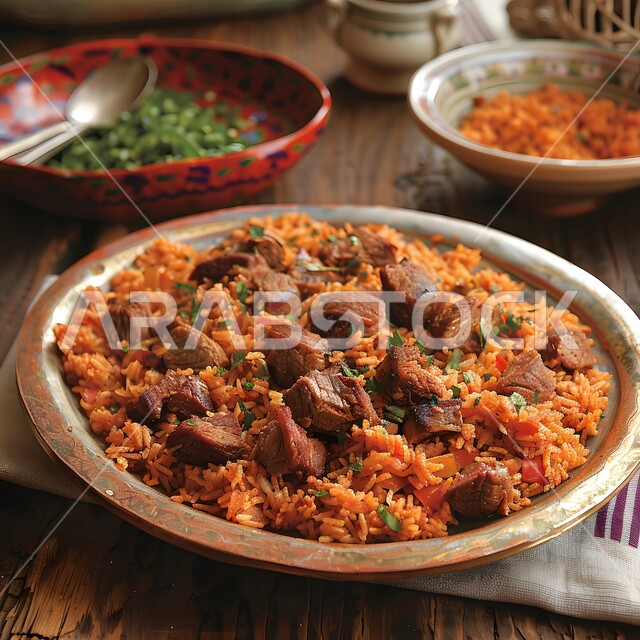 طبق من أرز الكبسة اللذيذ مع قطع لحم الضأن المزين بالخضار، وصفات وأطباق طعام لذيذة صحية، أكلات شعبية عربية خليجية سعودية، فنون تقديم الطعام في مطاعم المأكولات التقليدية الشرقية
