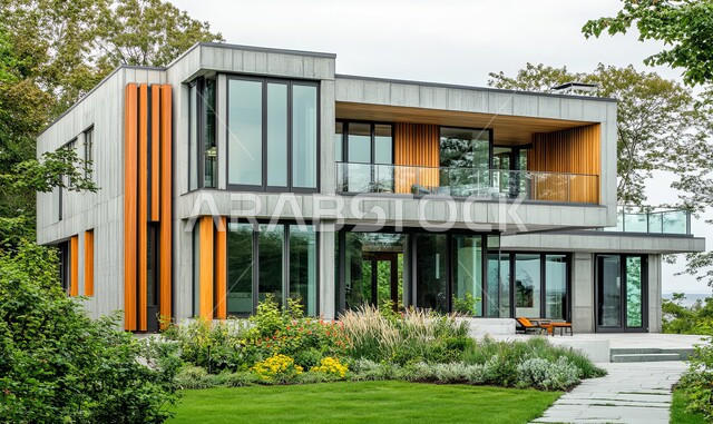 Modern designs for the outdoor garden, distinctive view of the natural landscape, urban growth and progress in the Kingdom of Saudi Arabia, green trees and plants surrounding tourist apartments and villas, luxurious designs and decorations, modern architectural engineering art