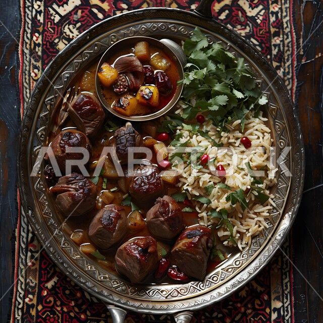 طبق من الأرز الابيض اللذيذ مع قطع لحم الضأن والبقدونس والرمان، وصفات وأطباق طعام لذيذة صحية، أكلات شعبية عربية خليجية سعودية، فنون تقديم الطعام في مطاعم المملكة العربية السعودية، المأكولات التقليدية الشرقية