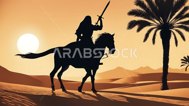 إرث الأجداد في الفروسية و الشهامة, جيش الدفاع الوطني, مفهوم الدفاع عن الوطن, القوات المسلحة السعودية, صورة ظلية لفارس عربي خليجي سعودي يمتطي حصان في الصحراء في وقت الغروب و يحمل بيده سيف, سالوليت