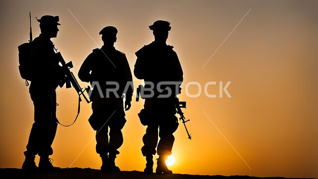 القوات المسلحة السعودية, جيش الدفاع الوطني, مفهوم الدفاع عن الوطن, إحياء ذكرى يوم التأسيس السعودي, صورة ظلية لجنود عربيين خليجيين سعوديين يرتدون الزي العسكري يقفون في الصحراء في وقت الغروب و يحملون بأيديهم الأسلحة, سالوليت