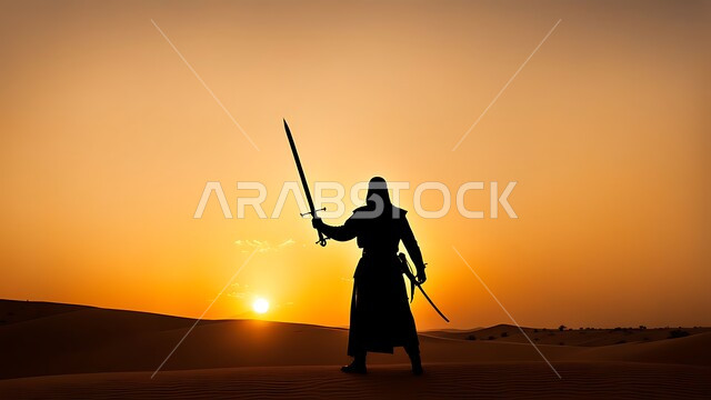 مفهوم  الدفاع عن الوطن, إحياء ذكرى يوم التأسيس السعودي, القوات المسلحة السعودية, جيش الدفاع الوطني, صورة ظلية لفارس عربي خليجي سعودي يقف في الصحراء في وقت الغروب و يحمل بيده سيف, سالوليت