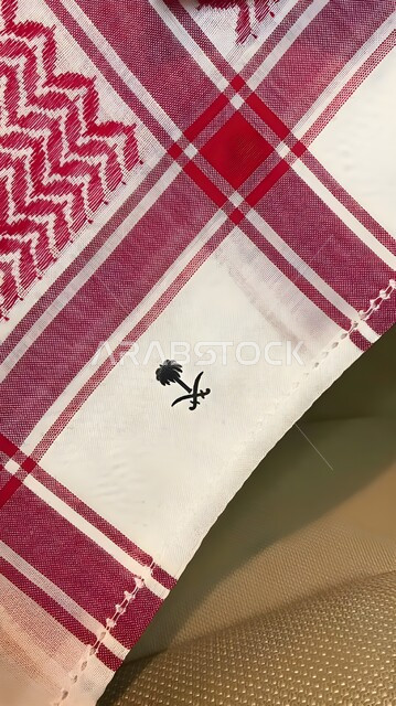 دمج التراث مع الهوية الوطنية, رمز النخلة و السيفين المعدنيين المتقاطعين, الأزياء الشعبية التراثية, مفهوم الأصالة و العراقة، صورة مقربة للشماغ السعودي التقليدي عليه شعار المملكة العربية السعودية