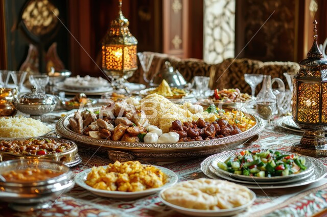 الاحتفال بالمناسبات الاسلامية, طاولة رمضانية مزينة بالفوانيس المضيئة, طقوس وزينة شهر رمضان المبارك, مائدة مليئة بأصناف الطعام المختلفة, الاجتماع حول سفرة الافطار, الكرم وتقديم أشهى المأكولات والحلويات، مفهوم الضيافة العربية، حسن استقبال الضيوف والزوار