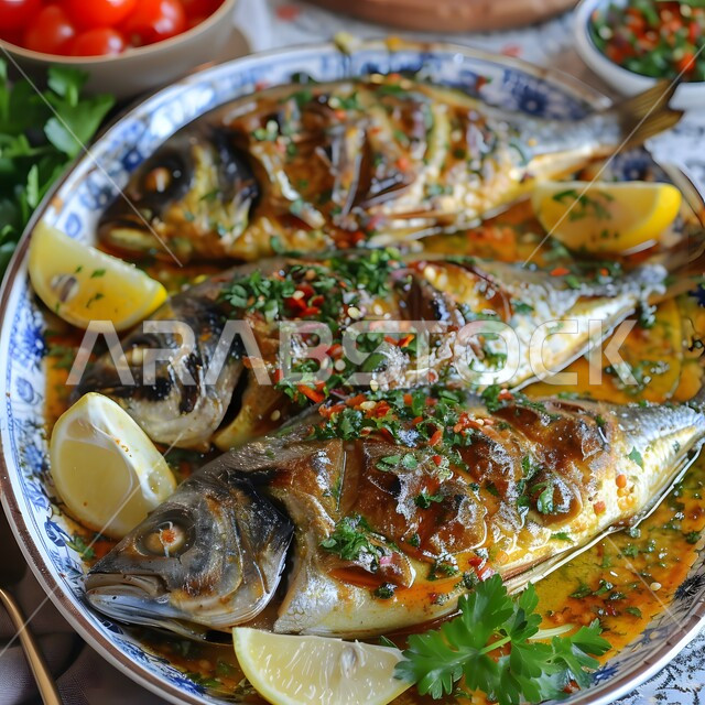 طبق من السمك المشوي المقدم مع قطع الخضار المطهوة بالبهارات الغنية بالنكهات, المأكولات البحرية الشهية, وجبات وأطباق شعبية, وصفات الأطعمة التقليدية, فنون تقديم الطعام في مطاعم المملكة العربية السعودية