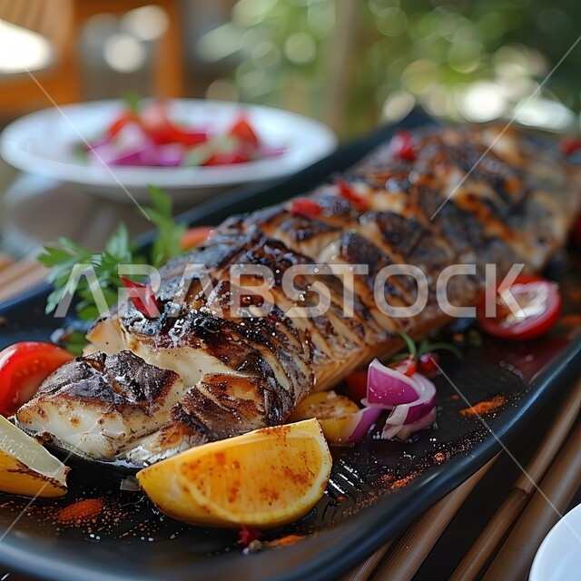 طبق من السمك المشوي المقدم مع قطع الخضار المطهوة بالبهارات الغنية بالنكهات, المأكولات البحرية الشهية, وجبات وأطباق شعبية, وصفات الأطعمة التقليدية, فنون تقديم الطعام في مطاعم المملكة العربية السعودية