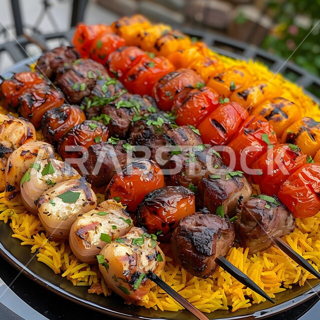 مطاعم للمأكولات العربية الشرقية, صورة مقربة لقطع اللحوم المشوية مع الخضار المتنوعة المقدمة مع الأرز، أطعمة وأغذية صحية, وجبات اللحم الضأن الشهية الساخنة، فنون التقديم في مطابخ المملكة العربية السعودية