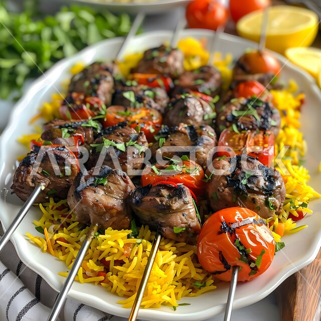 مطاعم للمأكولات العربية الشرقية, صورة مقربة لقطع اللحوم المشوية مع الخضار المتنوعة المقدمة مع الأرز، أطعمة وأغذية صحية, وجبات اللحم الضأن الشهية الساخنة، فنون التقديم في مطابخ المملكة العربية السعودية