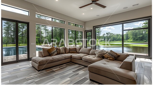 التصاميم الأنيقة لغرف الجلوس المريحة على الطراز الحديث، غرفة معيشة مع أثاث منزلي فاخر بالألوان الراقية، الديكورات الداخلية الراقية للفلل والشقق السكنية في المملكة العربية السعودية، اكسسوارات وتحف عصرية