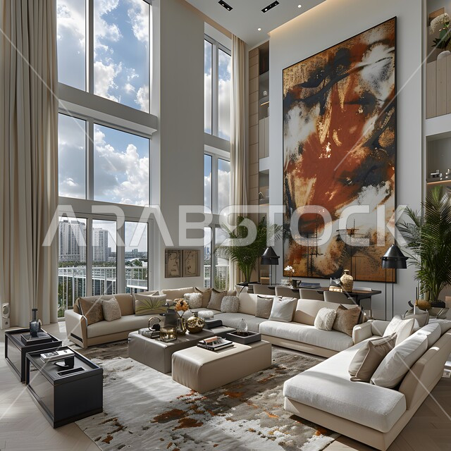 التصاميم الأنيقة لغرف الجلوس المريحة على الطراز الحديث، غرفة معيشة مع أثاث منزلي فاخر بالألوان الراقية، الديكورات الداخلية الراقية للفلل والشقق السكنية في المملكة العربية السعودية، اكسسوارات وتحف عصرية