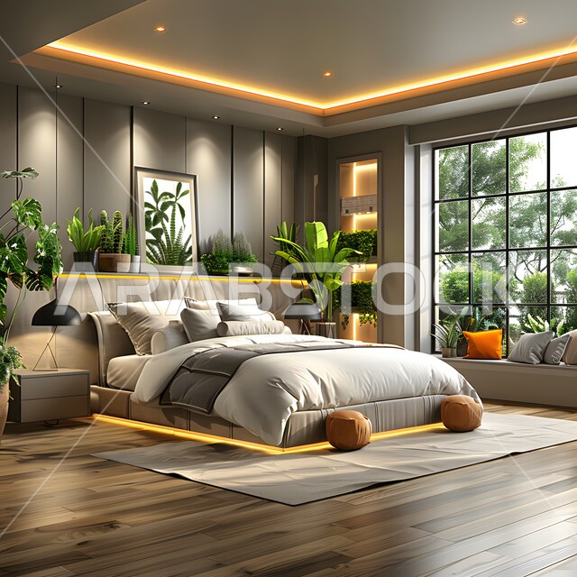 إكسسوارات وتحف وأثاث منزلي راقي، غرف ذات تصميم عصري وفخم، تصاميم وديكورات داخلية أنيقة لغرفة نوم مريحة، فلل وشقق سكنية في المملكة العربية السعودية، سرير مريح بألوان هادئة