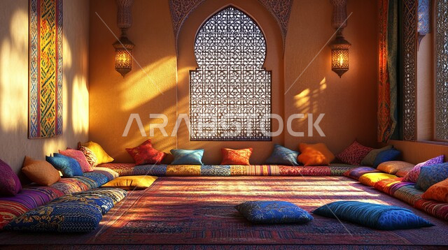 Traditional council with colorful cushions and carpets, illuminated lanterns hanging on the wall, authenticity, Saudi heritage, traditional popular councils in the Kingdom of Saudi Arabia, Arab guesthouse and enjoyable gatherings, adherence to Saudi heritage