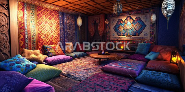 العراقة والأصالة والتراث السعودي, المجالس الشعبية التقليدية في المملكة العربية السعودية, مضافة العرب وجلسات الوناسة الممتعة, التمسك بالارث السعودي, مجلس تقليدي مزود بوسائد ملونة وسجاد وطاولات منخفضة