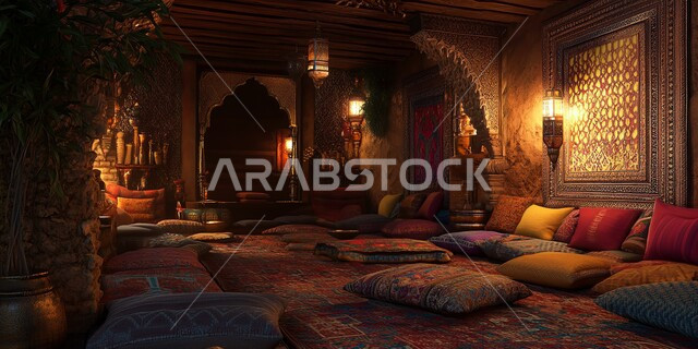 الفن الهندسي المعماري المزخرف على الطراز التقليدي للجلسات الشعبية, ديكورات أثرية عريقة في المملكة العربية السعودية,  التمسك بالعادات والتقاليد العربية الغنية بالثقافة القديمة, تصاميم المجلس السعودي بأثاث وزخارف جدارية معقدة في المنازل والشقق السكنية