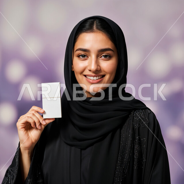 Advertising and marketing for cosmetic products, e-commerce concept, portrait of a smiling veiled Saudi Arabian Gulf young woman wearing a black abaya holding moisturizing cream in her hands, skin care and attention, looking at the camera with gestures of happiness and pleasure, blue background