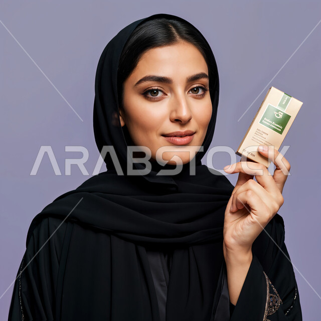 Advertising and marketing for cosmetic products, e-commerce concept, portrait of a smiling veiled Saudi Arabian Gulf young woman wearing a black abaya holding moisturizing cream in her hands, skin care and attention, looking at the camera with gestures of happiness and pleasure, blue background
