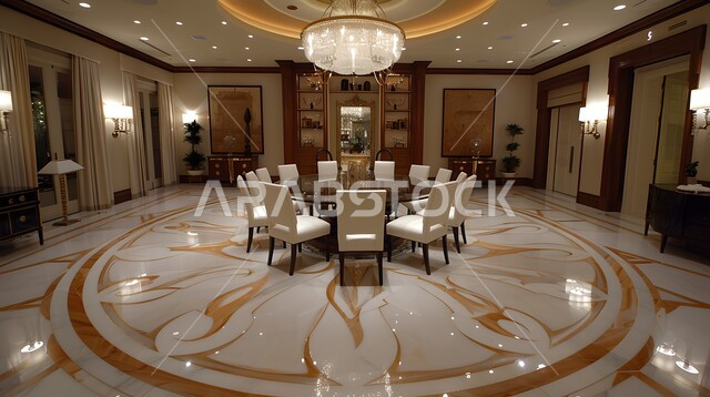 A spacious meeting room with a table surrounded by chairs, office rooms with luxurious interior designs and decorations, the modern design of offices in Saudi companies, windows and glass facades