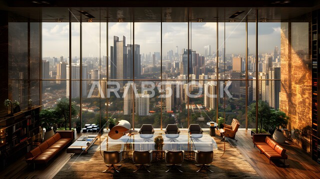 غرفة اجتماعات واسعة مع طاولة محاطة بكراسي، غرف مكتبية بتصاميم وديكورات داخلية فخمة، التصميم العصري الحديث للمكاتب في الشركات السعودية، النوافذ والواجهات الزجاجية