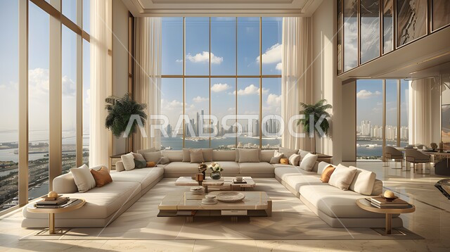 اكسسوارات وتحف عصرية، التصاميم الأنيقة لغرف الجلوس المريحة على الطراز الحديث، غرفة معيشة مع أثاث منزلي فاخر بالألوان الراقية، الديكورات الداخلية الراقية للفلل والشقق السكنية في المملكة العربية السعودية