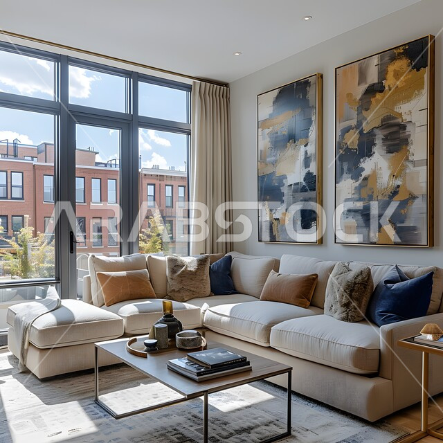 الديكورات الداخلية الراقية للفلل والشقق السكنية في المملكة العربية السعودية، اكسسوارات وتحف عصرية، التصاميم الأنيقة لغرف الجلوس المريحة على الطراز الحديث، غرفة معيشة مع أثاث منزلي فاخر بالألوان الراقية