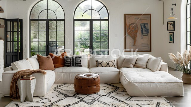 الديكورات الداخلية الراقية للفلل والشقق السكنية في المملكة العربية السعودية، اكسسوارات وتحف عصرية، التصاميم الأنيقة لغرف الجلوس المريحة على الطراز الحديث، غرفة معيشة مع أثاث منزلي فاخر بالألوان الراقية