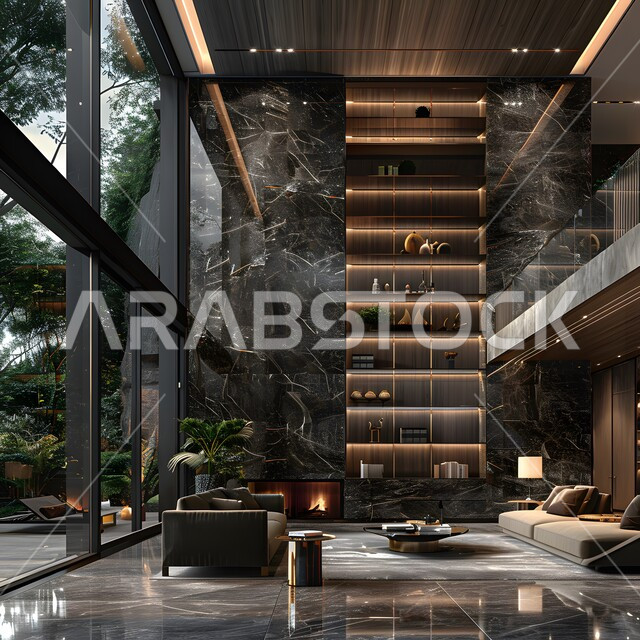 الديكورات الداخلية الراقية للفلل والشقق السكنية في المملكة العربية السعودية، اكسسوارات وتحف عصرية، التصاميم الأنيقة لغرف الجلوس المريحة على الطراز الحديث، غرفة معيشة مع أثاث منزلي فاخر بالألوان الراقية