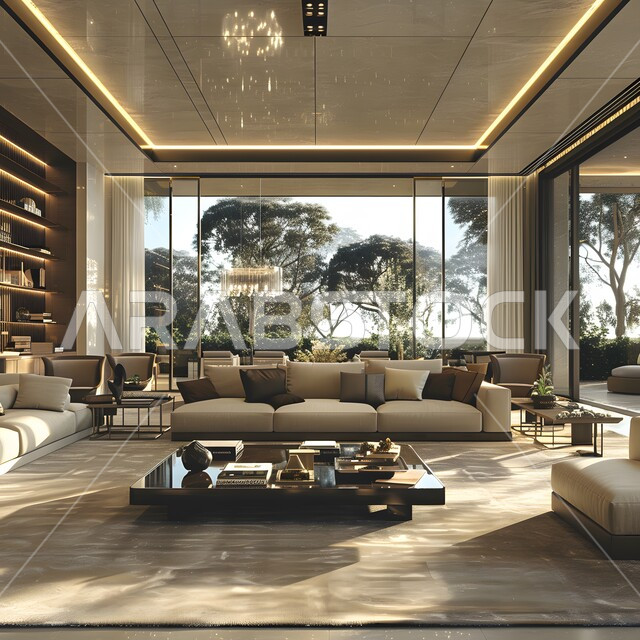 الديكورات الداخلية الراقية للفلل والشقق السكنية في المملكة العربية السعودية، اكسسوارات وتحف عصرية، التصاميم الأنيقة لغرف الجلوس المريحة على الطراز الحديث، غرفة معيشة مع أثاث منزلي فاخر بالألوان الراقية