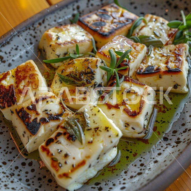 A plate of grilled cheese served with pieces of vegetables cooked with flavorful spices, popular meals and dishes, traditional food recipes, the arts of food presentation in restaurants in the Kingdom of Saudi Arabia.