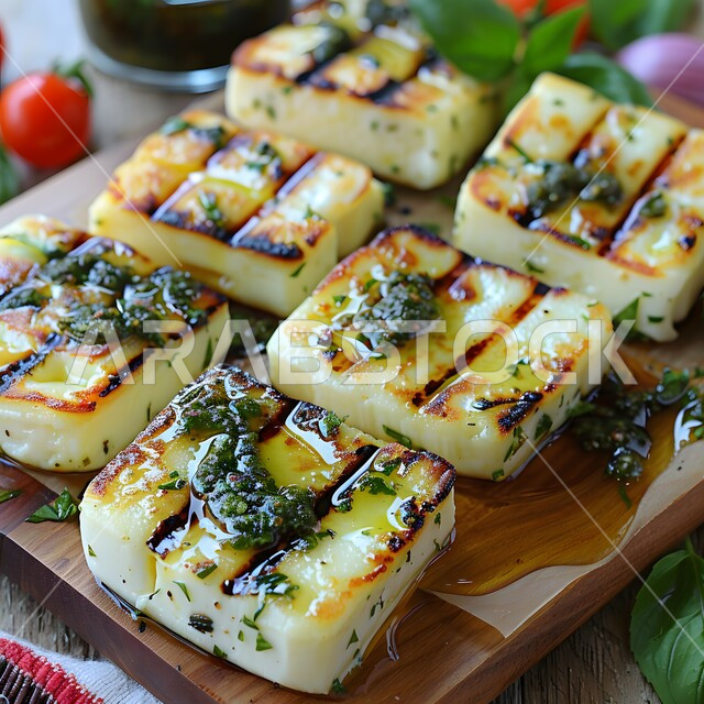 طبق من الجبن المشوي المقدم مع قطع الخضار المطهوة بالبهارات الغنية بالنكهات, وجبات وأطباق شعبية, وصفات الأطعمة التقليدية, فنون تقديم الطعام في مطاعم المملكة العربية السعودية 