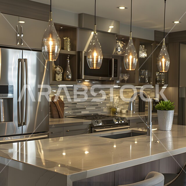 التصميم العصري للمطابخ الفاخرة في المملكة العربية السعودية، التحف والأكسسوارات المنزلية، الفن الهندسي المعماري للفلل والشقق السكنية، ديكور داخلي راقي لمطبخ أنيق