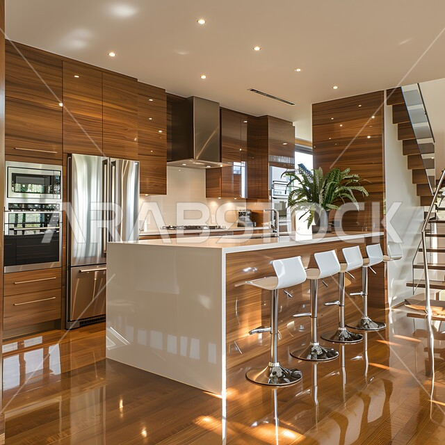 التصميم العصري للمطابخ الفاخرة في المملكة العربية السعودية، التحف والأكسسوارات المنزلية، الفن الهندسي المعماري للفلل والشقق السكنية، ديكور داخلي راقي لمطبخ أنيق